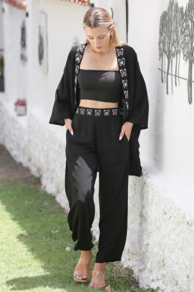 Chiccy Kimono Collar Black-Pink 3/4 Sleeve Embroidered Woven - Elastic Waist Wide Leg Set