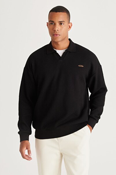 AC&Co / Altınyıldız Classics Men's Black Loose Fit 3 Thread Polo Collar Jacquard Sweatshirt with Fleece Inside