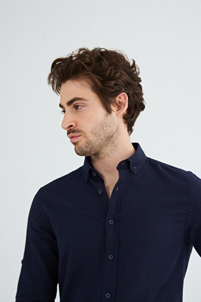 RAVANELLI Navy Blue Modern Slim Fit Linen Look Flam Long Sleeve Men's Shirt