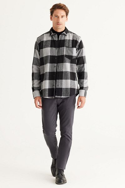ALTINYILDIZ CLASSICS Ανδρικό γκρι-μαύρο πουκάμισο Comfort Fit Relaxed cut Button γιακά με καρό σχέδιο φανέλα