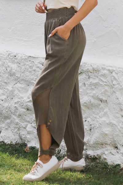 Chiccy Light Brown Colored - Washed Elastic Waist Jogger Pants with Pockets and Mesh Detail