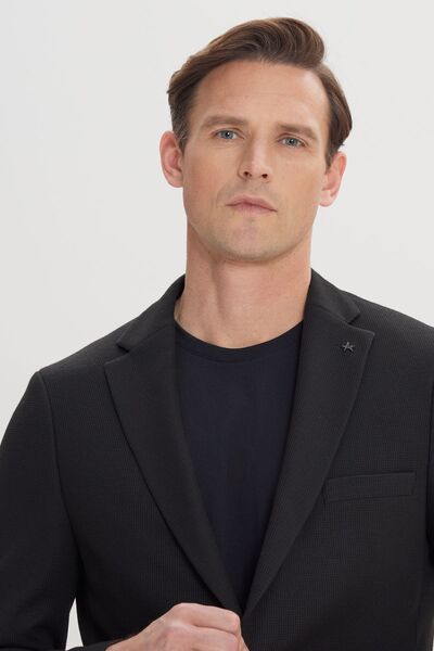 ALTINYILDIZ CLASSICS Мъжко черно 360-градусово разтегливо тънко прилепнало сако с моно яка