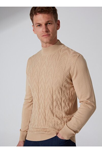 ALTINYILDIZ CLASSICS Pánský béžový nežmolkující standardní střih s polovičním rolákem Dobby pletený svetr