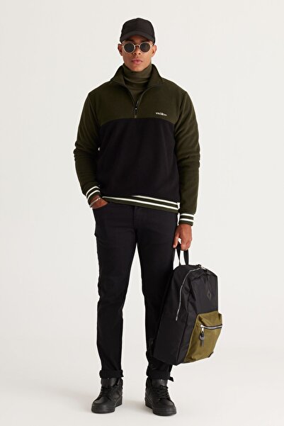 AC&Co / Altınyıldız Classics Khaki-schwarzes Standard-Fit-Fleece-Sweatshirt mit normalem Schnitt und gemustertem Bato-Kragen für Herren