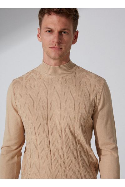 ALTINYILDIZ CLASSICS Beigefarbener, nicht pillender Dobby-Strickpullover mit normaler Passform und halbem Rollkragen für Herren