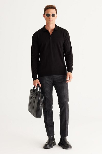 ALTINYILDIZ CLASSICS Schwarzer, pillingfreier Anti-Pilling-Stoff für Herren, Standard-Passform, normaler Schnitt, Polokragen-Strickpullover