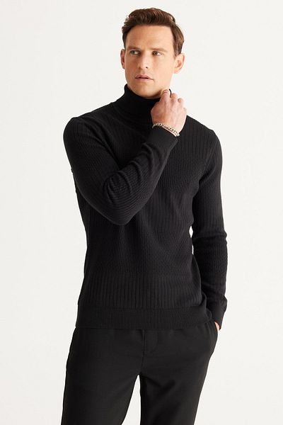 AC&Co / Altınyıldız Classics Men's Black Standard Fit Regular Cut Full Turtleneck Cotton Jacquard Knitwear Sweater