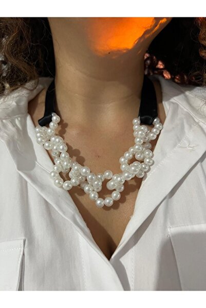 Luminoso Siyah Kurdeleli Inci Kolye