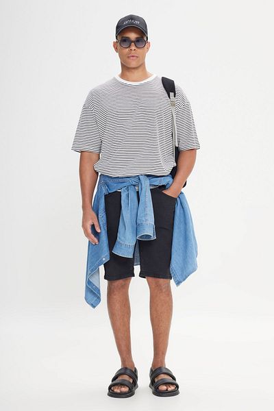 AC&Co / Altınyıldız Classics Ανδρικό μπλουζάκι ασπρόμαυρο oversize φαρδύ 100% βαμβακερό ριγέ λαιμόκοψη