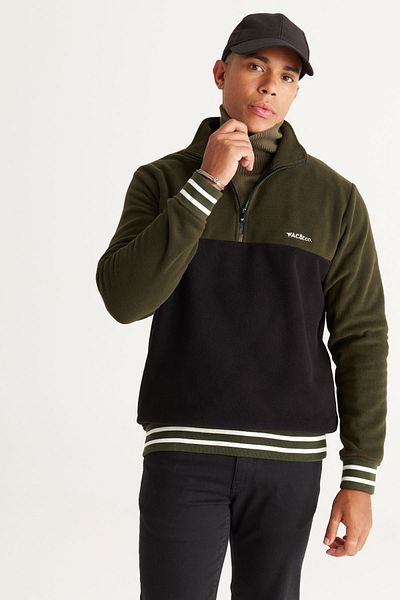 AC&Co / Altınyıldız Classics Khaki-schwarzes Standard-Fit-Fleece-Sweatshirt mit normalem Schnitt und gemustertem Bato-Kragen für Herren