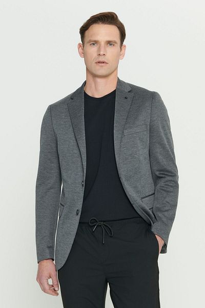 ALTINYILDIZ CLASSICS Anthrazitfarbene 360-Grad-Stretch-Blazerjacke für Herren mit schmaler Passform und Mono-Kragen