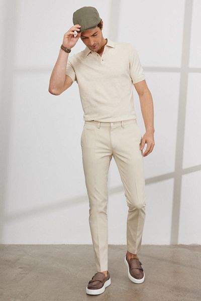 AC&Co / Altınyıldız Classics Men's Ecru Slim Fit Slim Fit Side Pocket Cotton Flexible Dobby Trousers