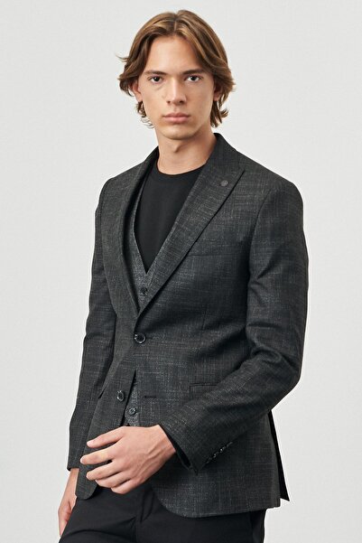 ALTINYILDIZ CLASSICS Men's Black Slim Fit Slim Fit Swallow Collar Patterned V...