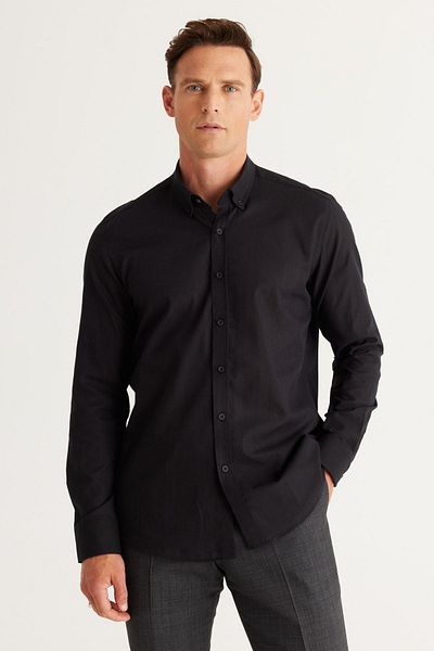 AC&Co / Altınyıldız Classics Pánska čierna 100% bavlna Oxford Slim Fit s golierom so zapínaním na gombíky