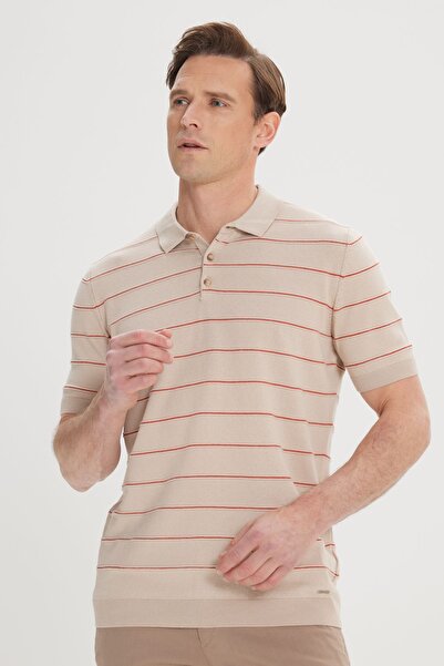 ALTINYILDIZ CLASSICS Ανδρικό πλεκτό μπλουζάκι MINK-ORANGE Standard Fit κανονική εφαρμογή 100% βαμβακερό ριγέ πόλο γιακά