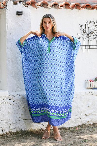 Chiccy Albastru deschis - Rochie casual cu croiala larga imprimata, cu guler predominant si nasturi la maneca liliac