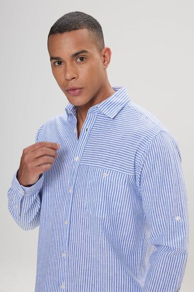 AC&Co / Altınyıldız Classics Ανδρικό πουκάμισο με ριγέ λινό μπλε-λευκό