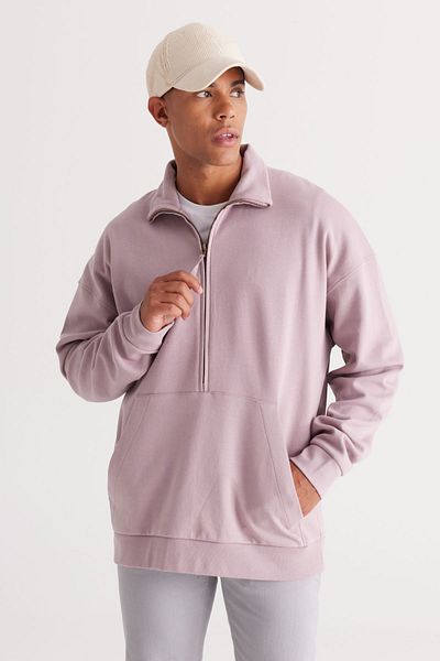 AC&Co / Altınyıldız Classics Ανδρικό μπλουζάκι Dusty Rose Oversize Loose Cut Fleece νήμα Standing Bato γιακά βαμβακερό φούτερ