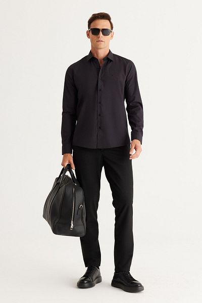 AC&Co / Altınyıldız Classics Férfi fekete Easy-Iron Slim Fit Slim Fit klasszikus galléros pamut ing