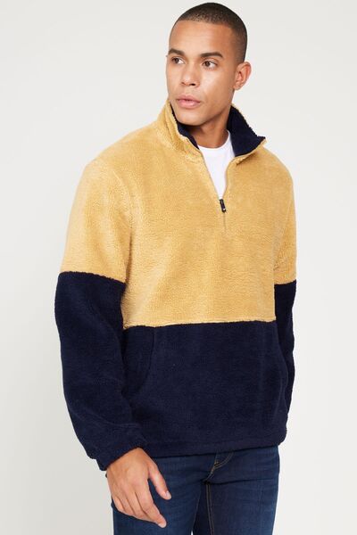 AC&Co / Altınyıldız Classics Erkek Hardal-lacivert Standart Fit Dik Bato Yaka Kanguru Cepli Çift Renkli Sherpa Polar Sweatshirt