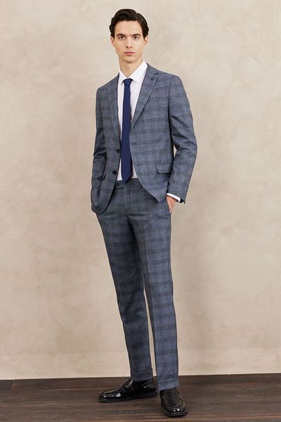 ALTINYILDIZ CLASSICS Men's Blue Slim Fit Slim Fit Mono Collar Plaid Patterned Double Trouser Suit