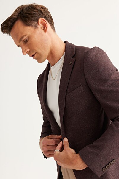 ALTINYILDIZ CLASSICS Men's Black-brown Slim Fit Slim Fit Mono Collar Patterned Blazer Jacket