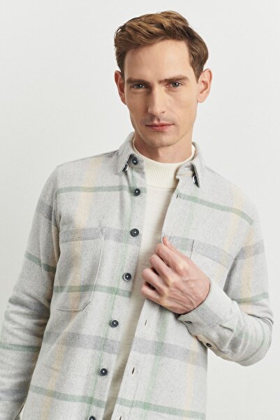 AC&Co / Altınyıldız Classics Men's Grey-green Oversize Loose Cut Button Collar Plaid Patterned Flannel Lumberjack Shirt