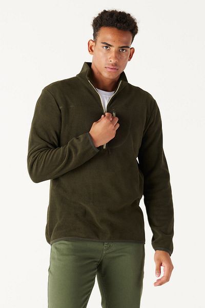 AC&Co / Altınyıldız Classics Khakifarbenes Standard-Fit-Fleece-Sweatshirt mit normalem Schnitt und Stehkragen im Bato-Kragen mit Reißverschluss. Hitzeschützendes Fleece-Sweatshirt für Herren