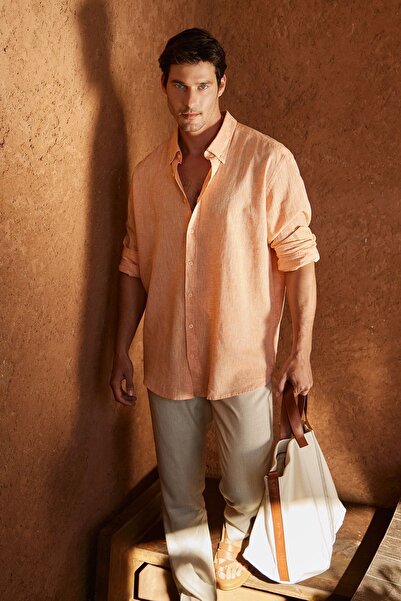 ALTINYILDIZ CLASSICS Помаранчева лляна чоловіча сорочка Сорочка на ґудзиках з розслабленим коміром