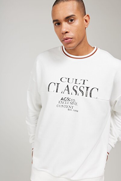 AC&Co / Altınyıldız Classics Ανδρικό εκρού φούτερ με φλις, φλις, φούτερ με 3 κλωστές, βαμβακερή λαιμόκοψη