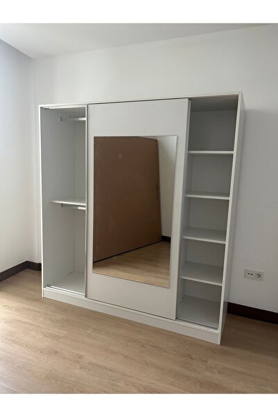 ENDECORMOB 180 Cm Sürgülü Komple Mdf Beyaz Gardırop Ray Dolap Elbise Dolabı