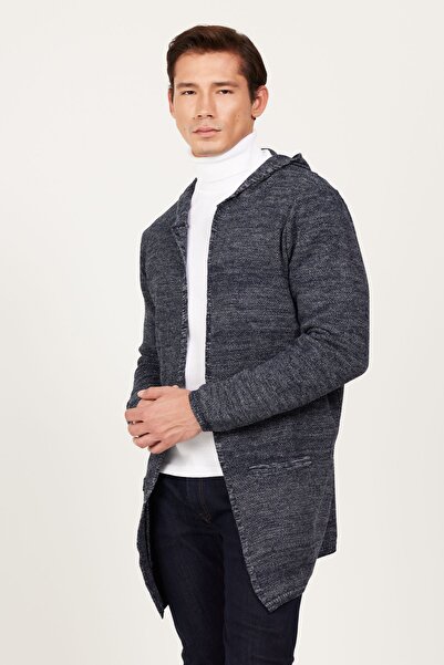 AC&Co / Altınyıldız Classics Men's Navy Blue-Grey Wool Standard Fit Regular Cut Hooded Patterned Knitwear Cardigan