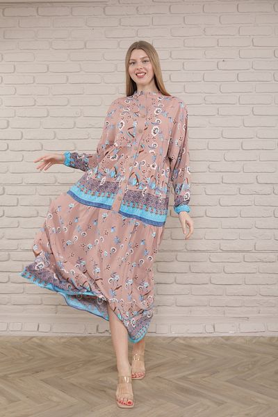 mervemoda Γυναικείο φόρεμα Plus Size - Μπροστά με κουμπιά και υφαντό