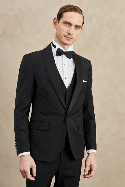 ALTINYILDIZ CLASSICS Men's Black Slim Fit Narrow Cut Mono Collar Classic Tuxedo Suit with Woolen Vest