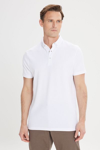 ALTINYILDIZ CLASSICS Ecrufarbenes Slim Fit-T-Shirt mit Polokragen aus Baumwolljacquard für Herren