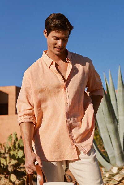 ALTINYILDIZ CLASSICS Помаранчева лляна чоловіча сорочка Сорочка на ґудзиках з розслабленим коміром