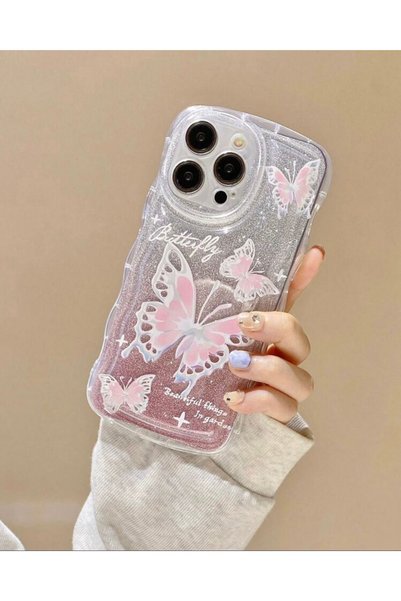 MİRAZ TASARIM iPhone 14 Pro Silvery Film Butterfly Patterned Transparent Case