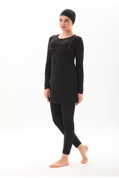 BEMOL GİYİM Fully Covered Purple Ribbed Hijab Swimsuit Black