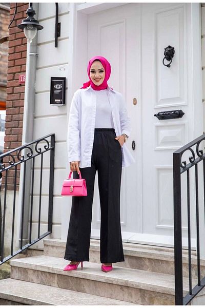 Tesettür Diyarı Black Women's Crepe Trousers - Striped Dumbbell Fabric