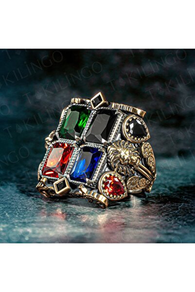 Takılingo 925 Ayar Gümüş Karışık Zirkon Taşlı Aslan Motifli Büyük Boy Usta İşi Erkek Yüzük