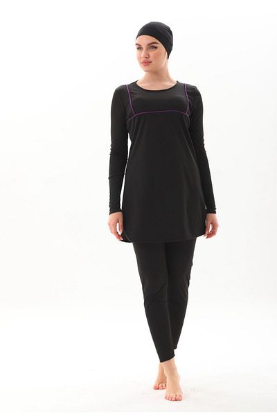 BEMOL GİYİM Black Hijab Swimsuit - Full Covered and Purple Piping