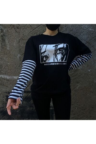 Köstebek Not Looking Back Unisex Çizgili Kollu Sweatshirt