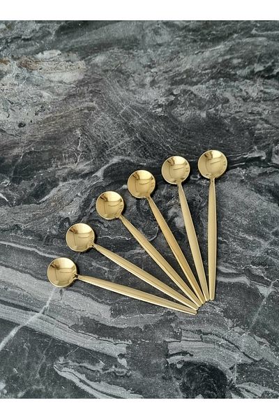 stilsenin34 6Pcs Gold Korean Tea Spoon Coffee Ice Cream Dessert Cake Sugar Spoon Set Round Stainless Steel
