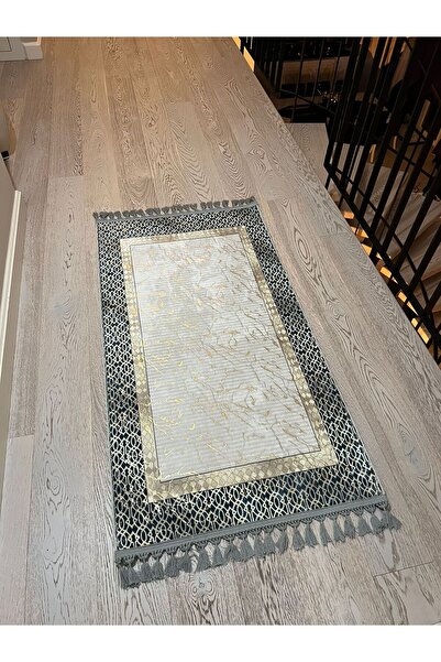 YTR HOME Dijital Baskılı Bambu Kaymaz Deri Taban Salon Mutfak Halısı Gold Simli Bambu Halı