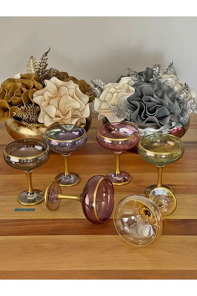 Paşabahçe 6-Piece Color Ice Cream Cup Glass Gold Gilt Ice Cream Bowl - Snack Bowl, Gift, Dowry Bowl, Lux