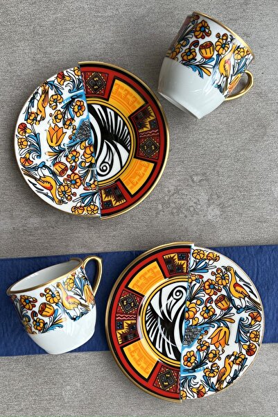 porselenden Two Patterned, Double Pattern Canga Series Coffee Cup Set for 2 Persons Presentation Service Set