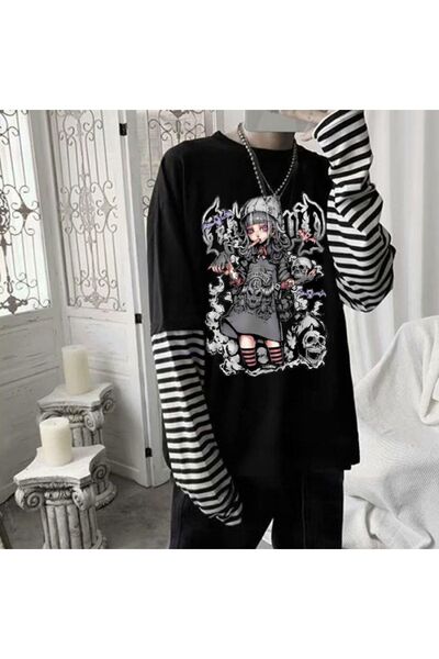 Köstebek Harajuku Gothic Skull Girl Siyah Çizgili Kollu (unisex) T-shirt