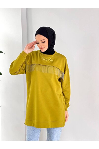 YK SHOPPİNG YAĞ YEŞİLİ ZİNCİR DETAYLI TESETTÜR SWEETSHİRT
