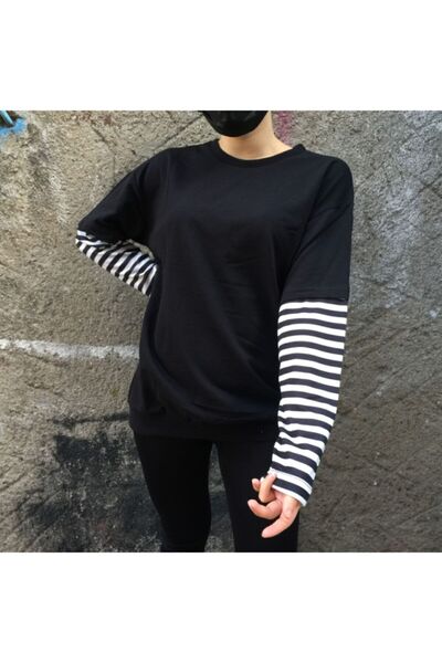 Köstebek Düz Siyah Unisex Siyah Beyaz Çizgili Kollu Sweatshirt