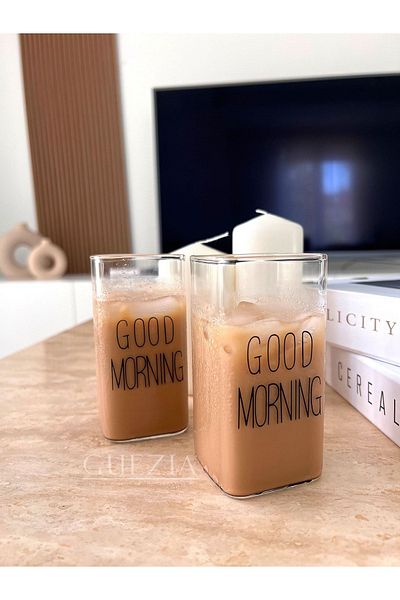 GUEZIA Heat Resistant Borosilicate Rectangular Cup Good Morning| 2 Pieces| 350ml